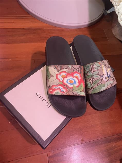 blue and yellow gucci slides|Gucci slides with butterfly.